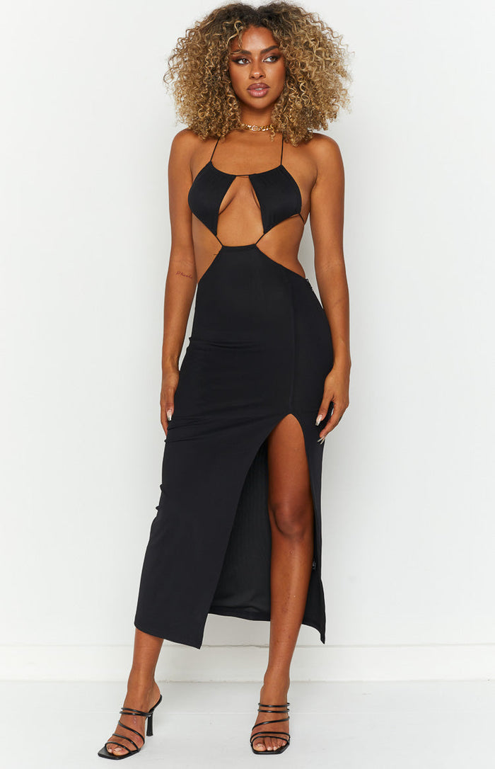 Beginning Boutique Adelita Black Midi Dress black halter neck midi with bust and side cutouts and a high thigh split