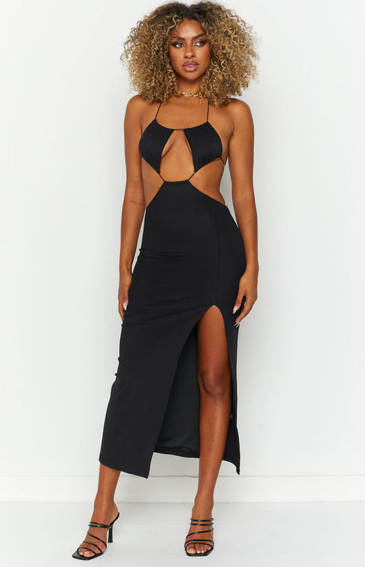 Beginning Boutique Adelita Black Midi Dress black halter neck midi with bust and side cutouts and a high thigh split