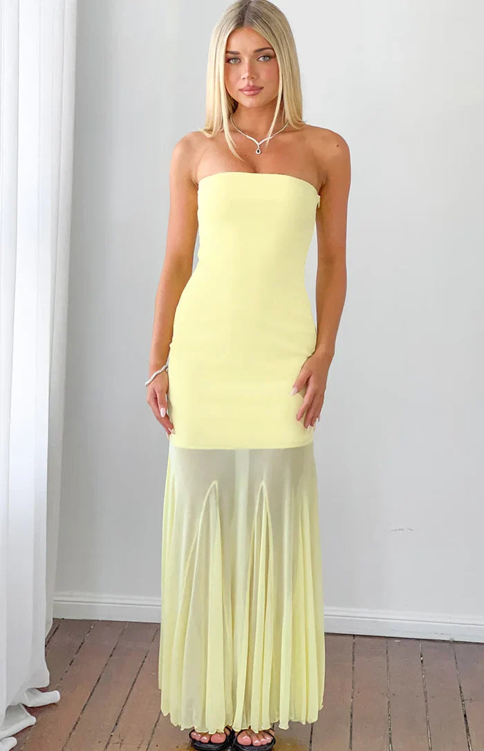 Adria Yellow Strapless Asymmetrical Formal Maxi Dress
