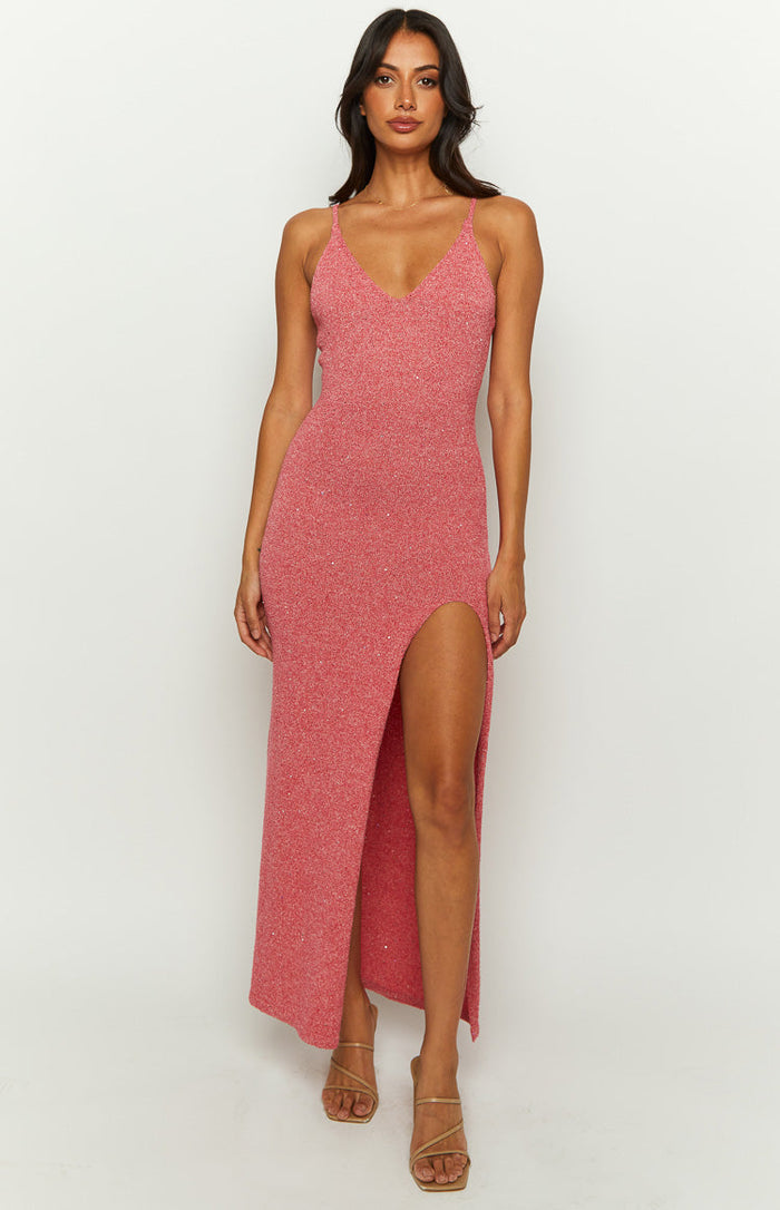 Pink glitter knit maxi dress with a deep V-neckline and delicate spaghetti straps