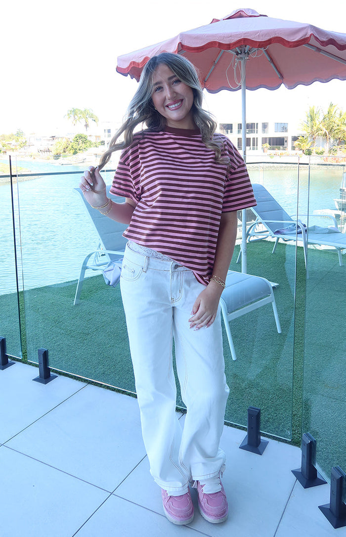 Beginning Boutique Alba Pink Stripe Oversized Tee pink and brown horizontal stripe crew neck short sleeve oversized t-shirt