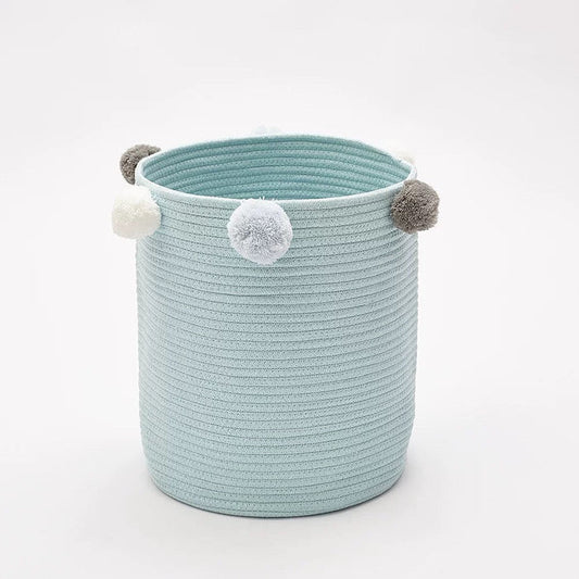 All 4 Kids Cotton Woven Storage Basket with Pom Poms - Blue