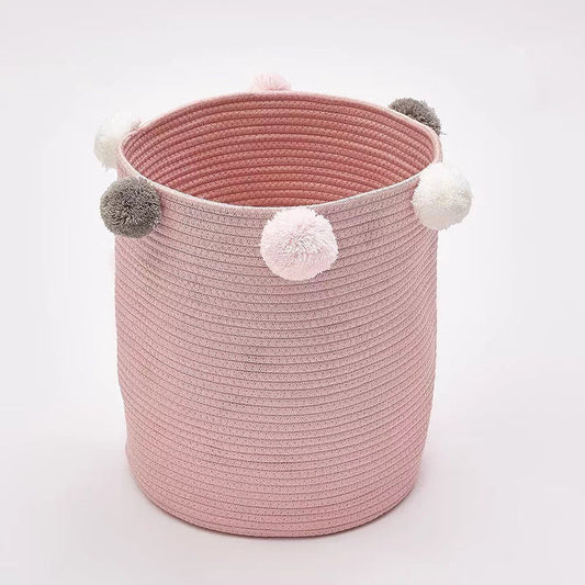 All 4 Kids Cotton Woven Storage Basket with Pom Poms - Pink