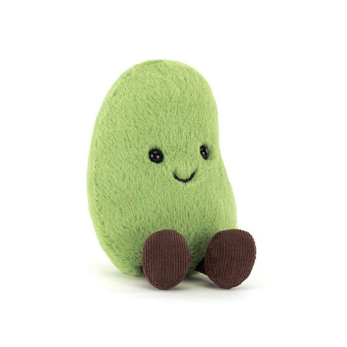 Jellycat Amuseables Soyella Edamame Bean — a plush green edamame bean character with black hard eyes, an embroidered smile, and dark brown corduroy feet, seated upright on a white background