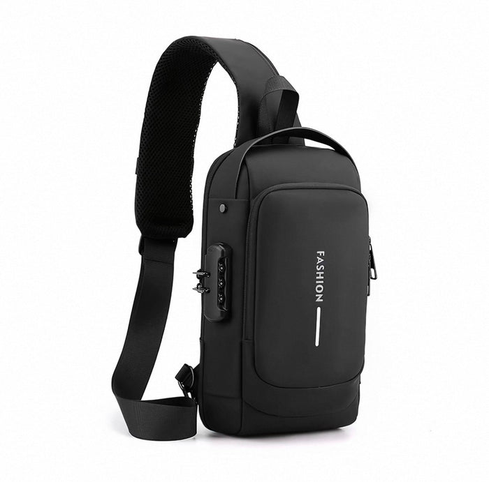 Black sling bag with 'FASHION' text on a white background