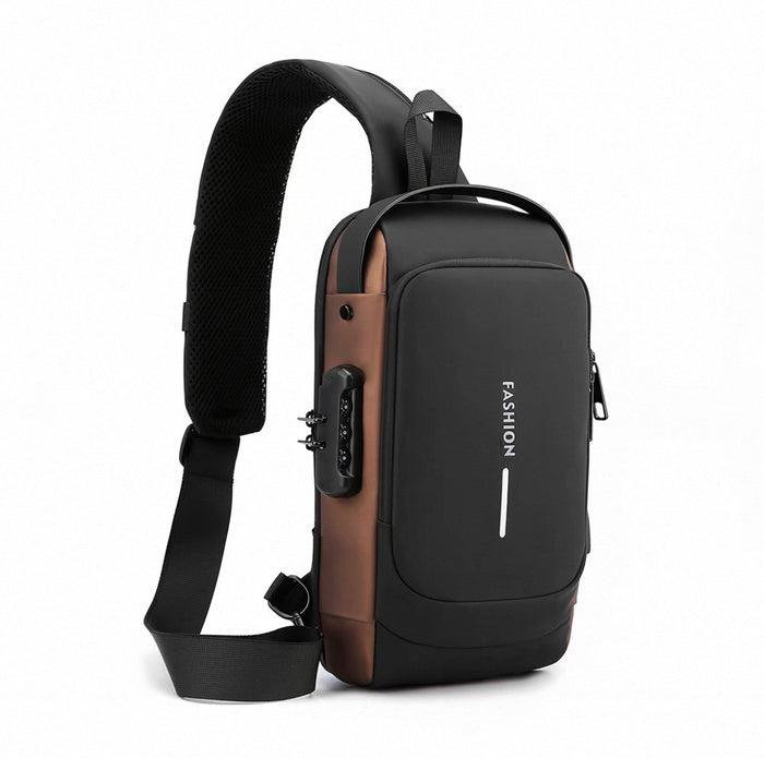 Black and brown sling bag with USB port on a white background