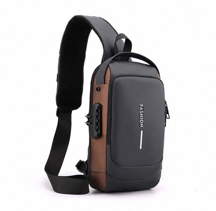 Black and brown crossbody bag with USB port on a white background