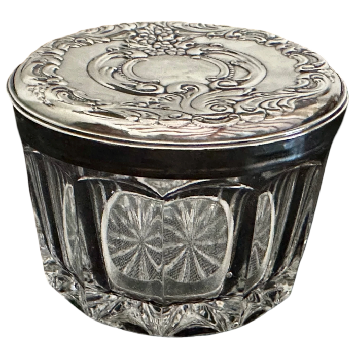 Antique Wallace Sterling Silver Repoussé Lid Cut Glass Vanity Jar