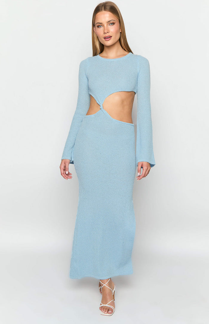 Full length light blue long sleeve knit maxi dress with a crew neck and large cutouts at the waist