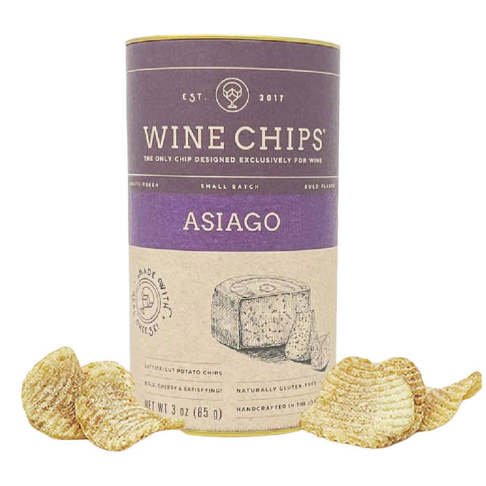 Asiago Wine Chips 3 oz gourmet potato crisps in purple and cream cylindrical packaging with crispy lattice-cut chips displayed alongside.