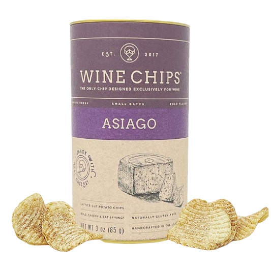 Asiago Wine Chips 3 oz gourmet potato crisps in purple and cream cylindrical packaging with crispy lattice-cut chips displayed alongside.