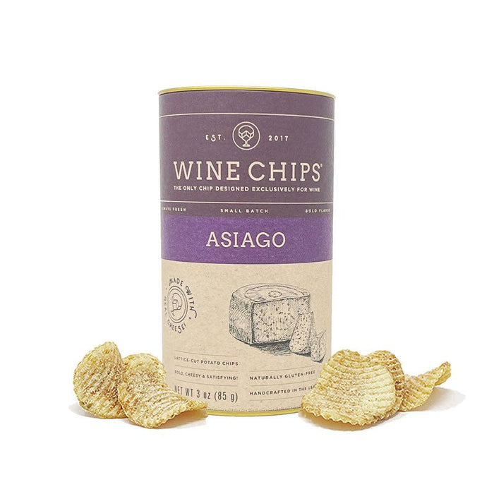Asiago Wine Chips 3 oz gourmet potato crisps in purple and cream cylindrical packaging with crispy lattice-cut chips displayed alongside.