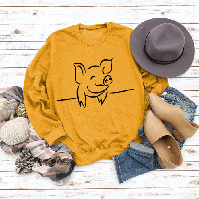 Autumn and Winter Womens Tops Cute Pig Print Casual Round Neck Sweater