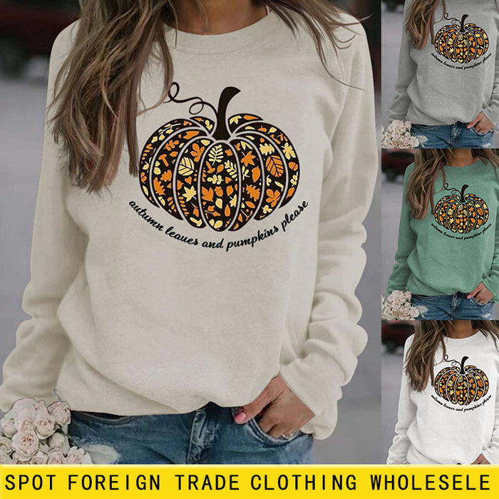 Autumn Leaves Letters Round Neck Pumpkin Halloween Long-sleeved Sweater Women