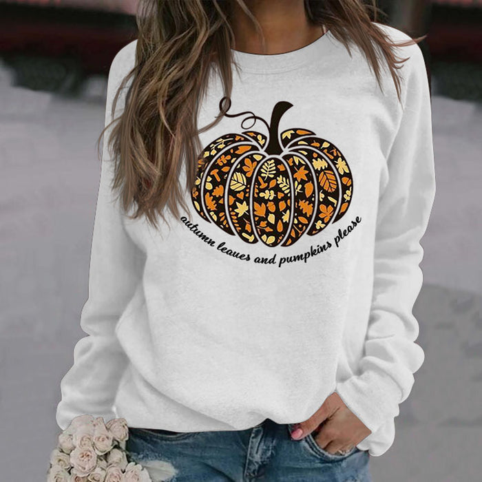 Autumn Leaves Letters Round Neck Pumpkin Halloween Long-sleeved Sweater Women