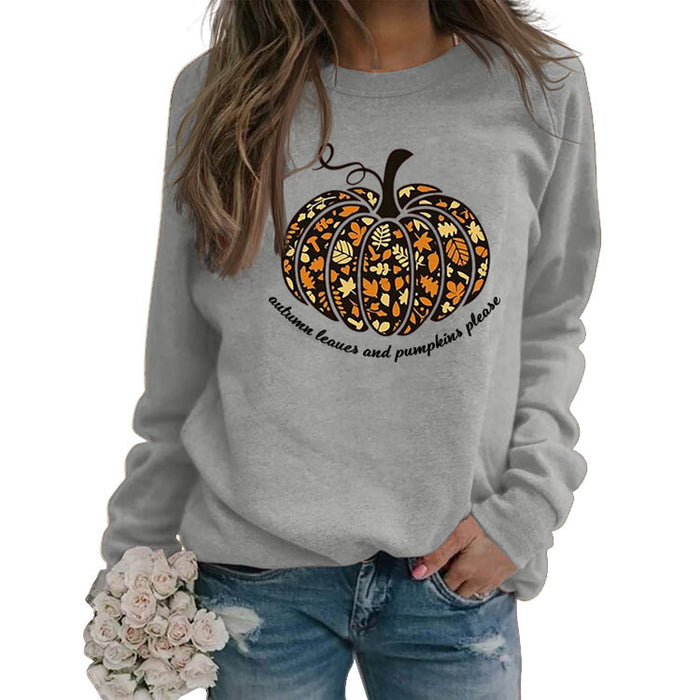 Autumn Leaves Letters Round Neck Pumpkin Halloween Long-sleeved Sweater Women