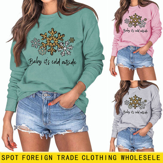 Baby, It's Cold Outside, Letter Print Leopard Print Long-sleeved Round Neck Sweater