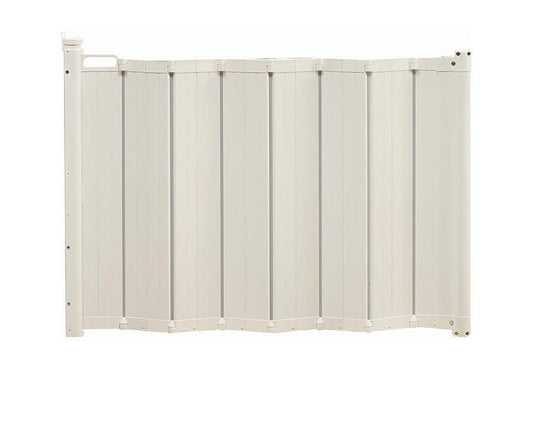White accordion-style baby gate from BabyDan Guard Me Gate White perfect for baby strollers and more
