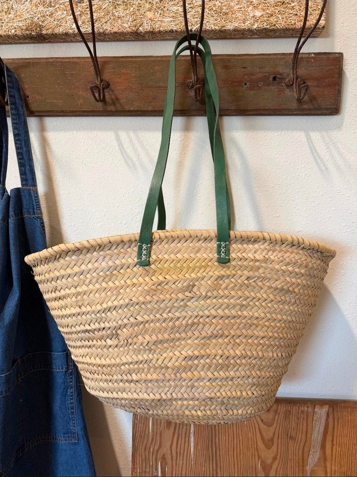 Basket Green Long Flat Leather Handle