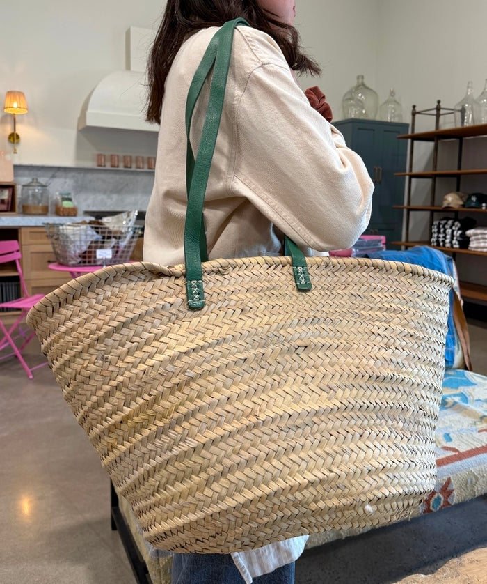 Basket Green Long Flat Leather Handle