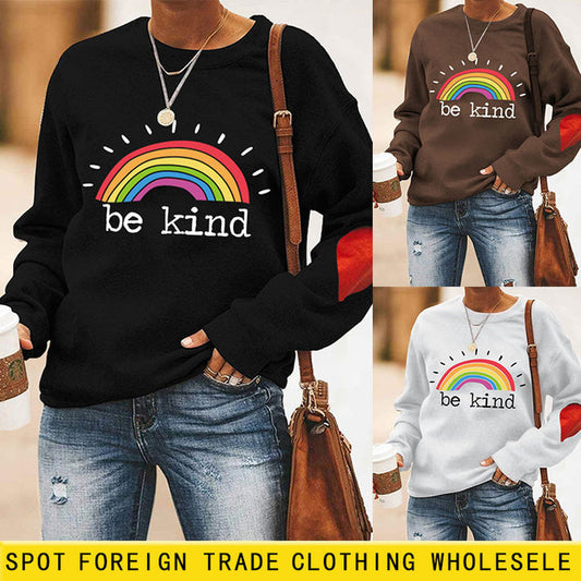 Be Kind Rainbow Letters Loose Autumn and Winter Bottoming Round Neck Long Sleeve Heart Sweater