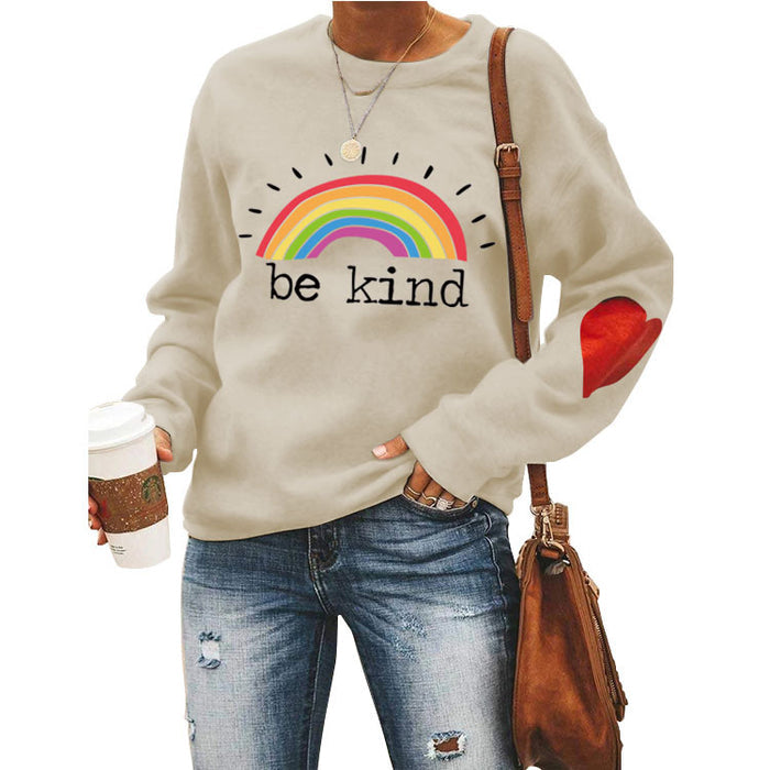 Be Kind Rainbow Letters Loose Autumn and Winter Bottoming Round Neck Long Sleeve Heart Sweater