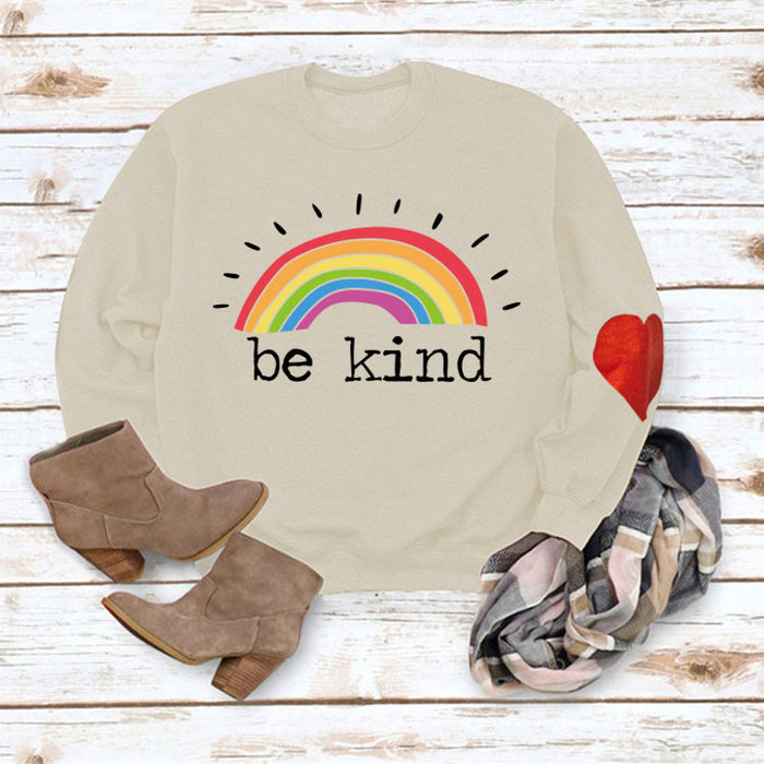 Be Kind Rainbow Letters Loose Autumn and Winter Bottoming Round Neck Long Sleeve Heart Sweater