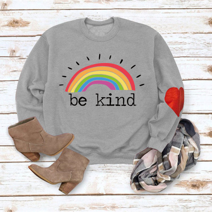 Be Kind Rainbow Letters Loose Autumn and Winter Bottoming Round Neck Long Sleeve Heart Sweater