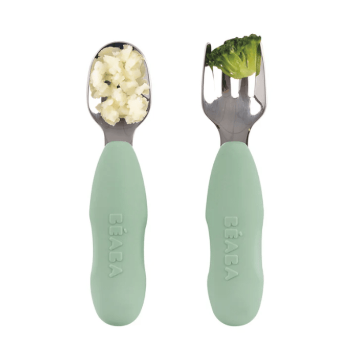 Beaba Fork & Spoon Stainless Steel Pre-Cutlery - Sage Green