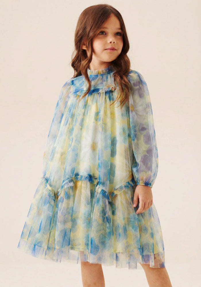 Beatrice Yellow Mesh Frill Daisy Print Dress