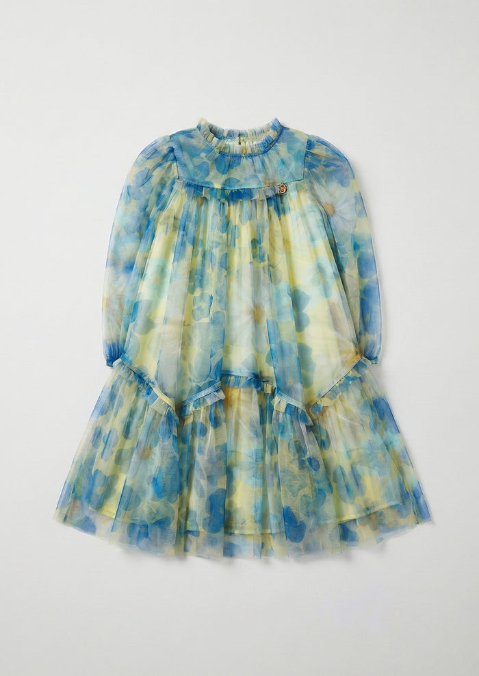 Beatrice Yellow Mesh Frill Daisy Print Dress