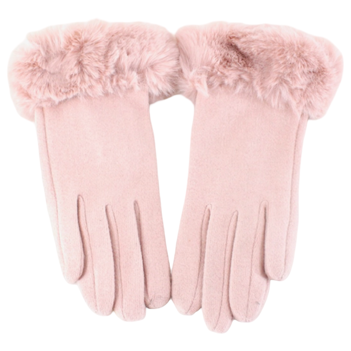 Blush pink Bel Air touchscreen winter gloves with matching plush faux fur cuffs.