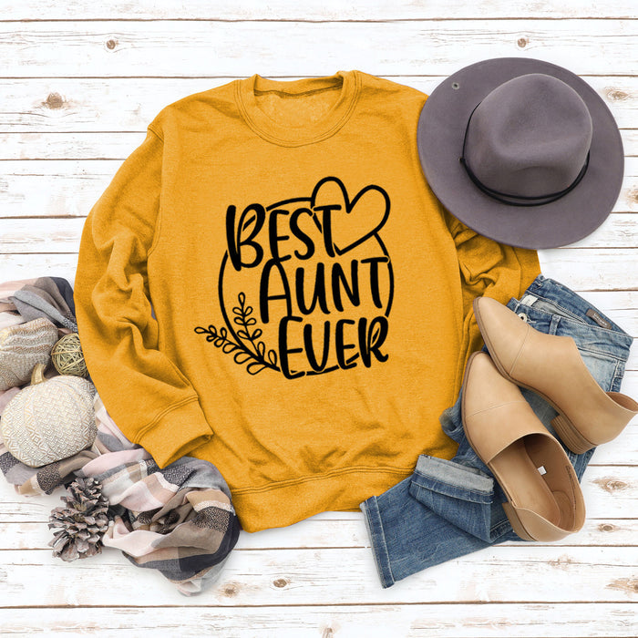 BEST AUNT EVER Round Neck Large Size Print Women Long Sleeve Loose Sweatshirt Shirt