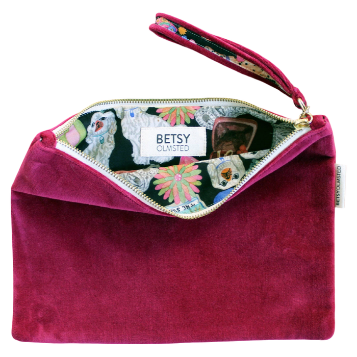 betsy olmsted pouch, velvet cosmetic pouch, makeup bag, velvet clutch, giftable accessories, watercolor print pouch, travel pouch, small essentials bag