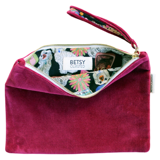 betsy olmsted pouch, velvet cosmetic pouch, makeup bag, velvet clutch, giftable accessories, watercolor print pouch, travel pouch, small essentials bag