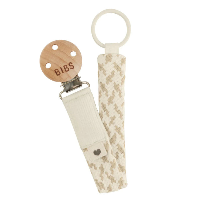 BIBS Paci Braid pacifier clip with wooden button and patterned strap for baby accessories