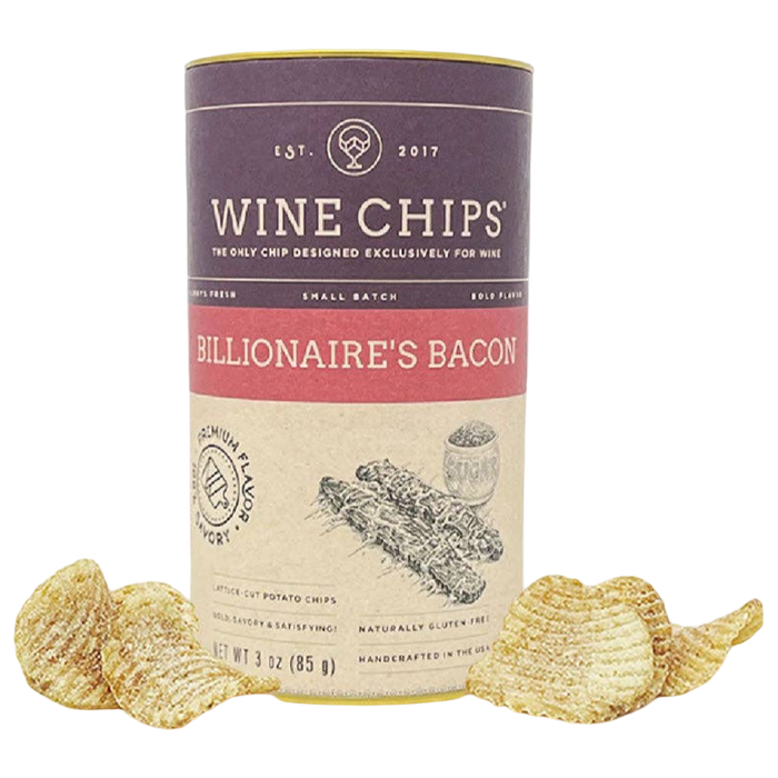 Billionaire's Bacon Wine Chips 3 oz gourmet potato crisps in cylindrical packaging with lattice-cut chips displayed alongside.