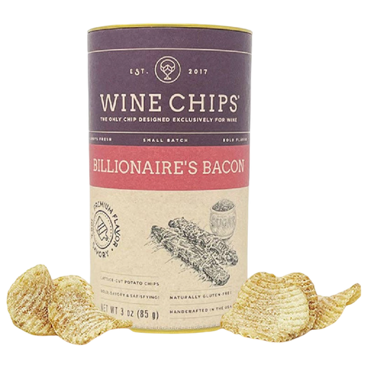 Billionaire's Bacon Wine Chips 3 oz gourmet potato crisps in cylindrical packaging with lattice-cut chips displayed alongside.