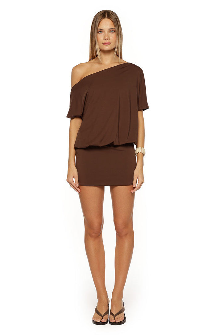 Front view of a brown off-shoulder mini dress with short sleeves, a blouson top, and fitted mini skirt