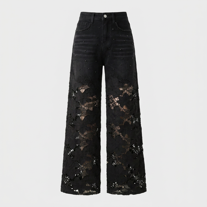 Black Lace Wide-Leg Jeans Women Canada | High-Waisted Denim