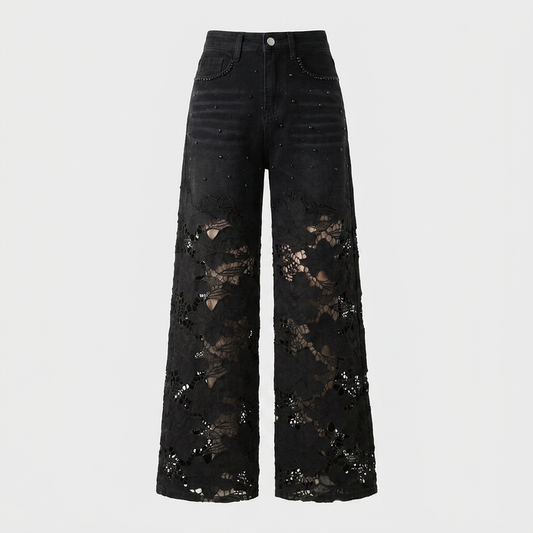 Black Lace Wide-Leg Jeans Women Canada | High-Waisted Denim