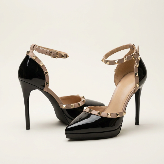 Black Studded Stiletto Heels Canada | Rivet Pointed Pumps