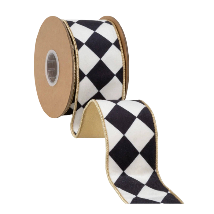 Black and white harlequin velvet wired ribbon with metallic gold backing, 2.5 inches wide