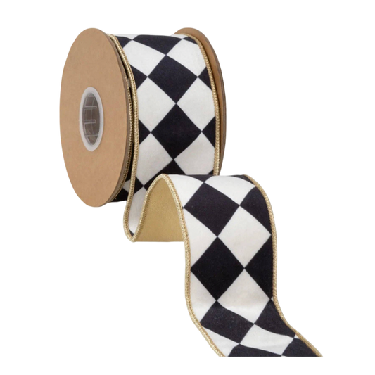 Black and white harlequin velvet wired ribbon with metallic gold backing, 2.5 inches wide