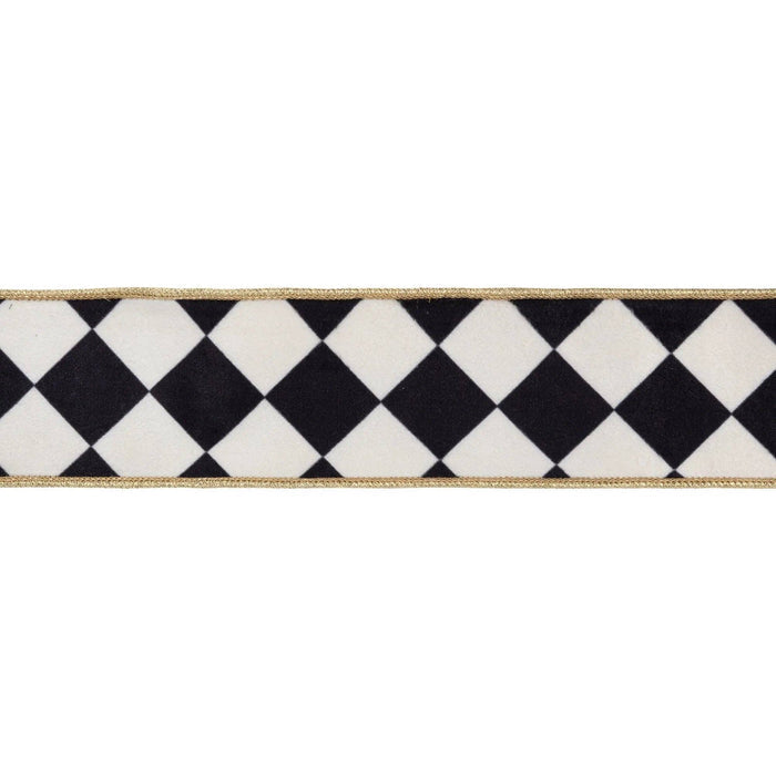 Black and white harlequin velvet wired ribbon with metallic gold backing, 2.5 inches wide