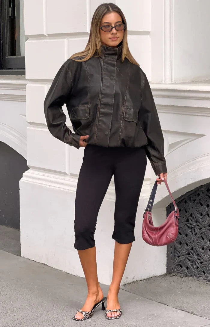 Beginning Boutique Blakely Brown Funnel Neck PU Jacket distressed brown PU jacket with a high funnel neck, long sleeves, fron