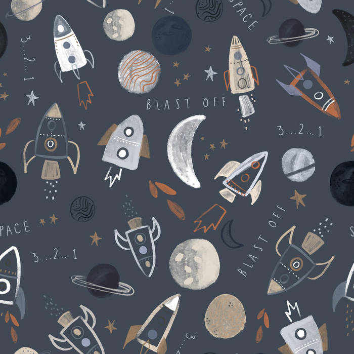 A repeating pattern illustration on a dark gray background featuring whimsical rockets, moons, planets, stars, and the words 'SPACE' and 'BLAST OFF' in white and muted tan/orange.