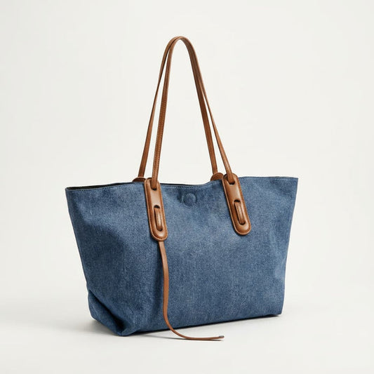 Blue Denim Tote Bag with Leather Handles | Canada