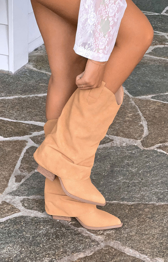 Beginning Boutique Blythe Tan Suedette Foldover Boots tan suedette slouchy foldover boots with pointed toes and low block hee