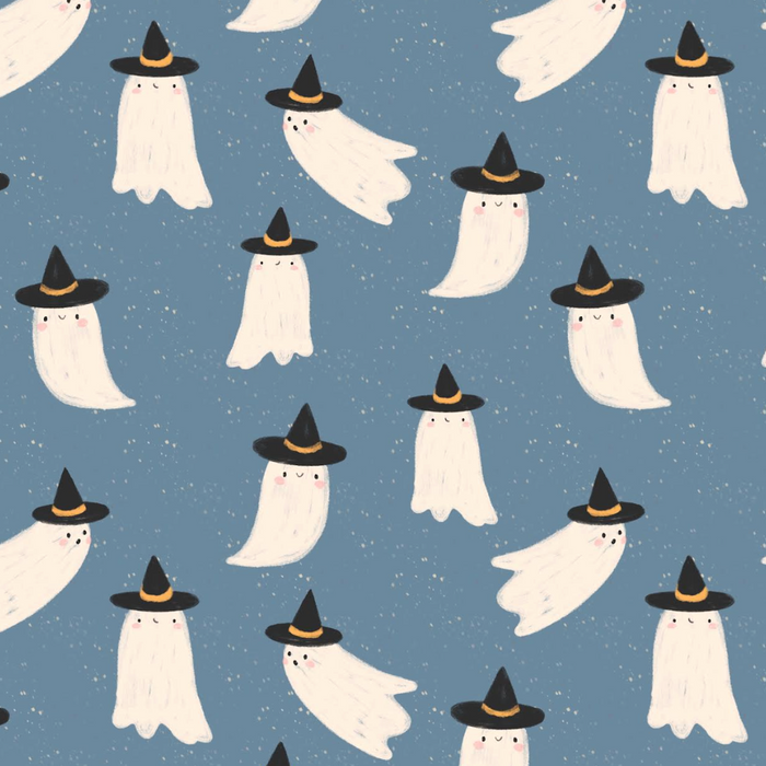 A repeating Halloween pattern featuring cute white ghosts wearing black witch hats on a dusty blue background with small white speckles.